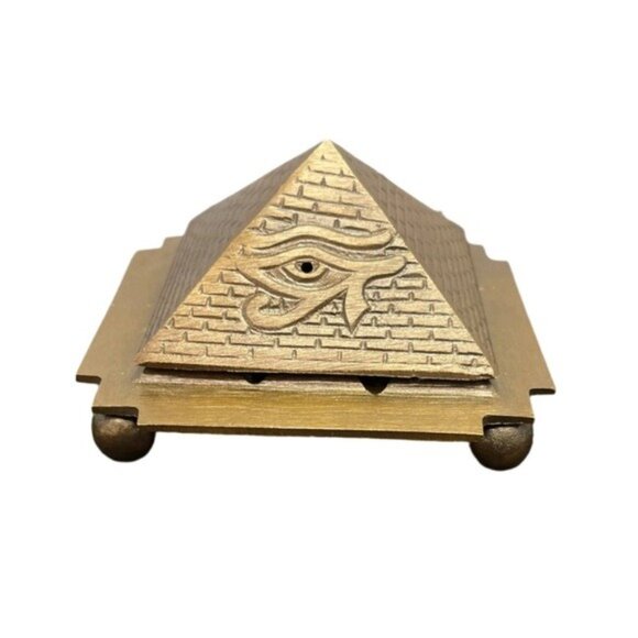 Solid Brass Egyptian Pyramid Incense Burner Eye of Horus Decor Spiritual - Picture 2 of 6